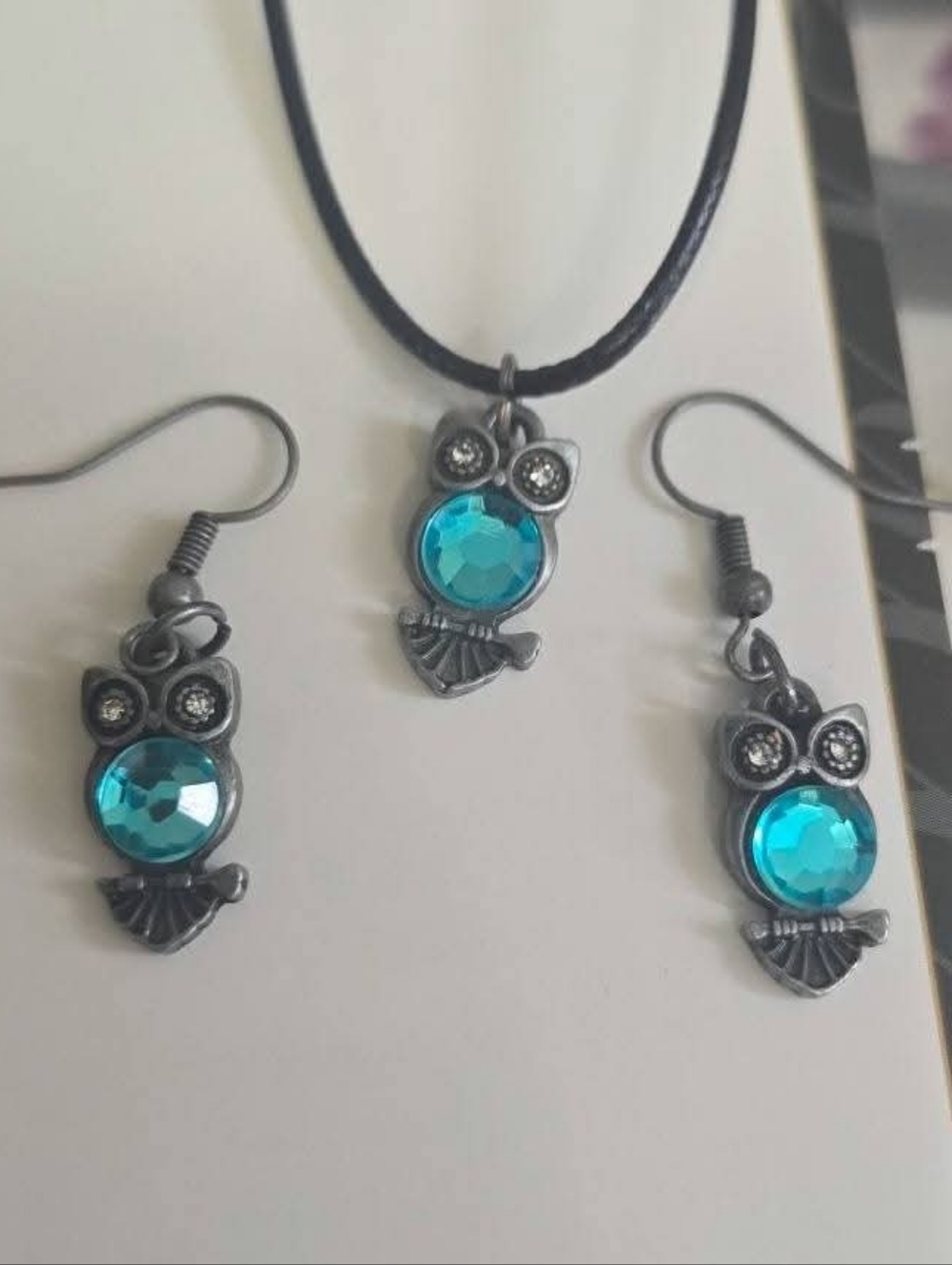 Light Blue Crystal Owl Pendant Necklace and Earrings Set